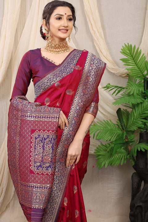 VastraLakshmi Glittering Wine Banarasi Silk Saree With Redolent Blouse Piece