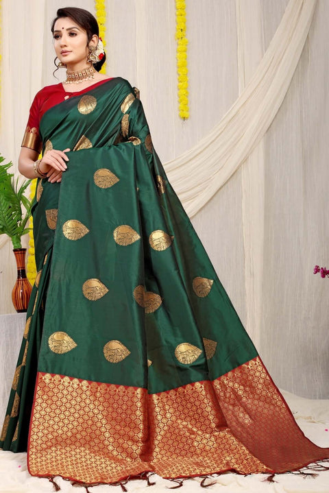 VastraLakshmi Unique Dark Green Banarasi Silk Saree With Engrossing Blouse Piece