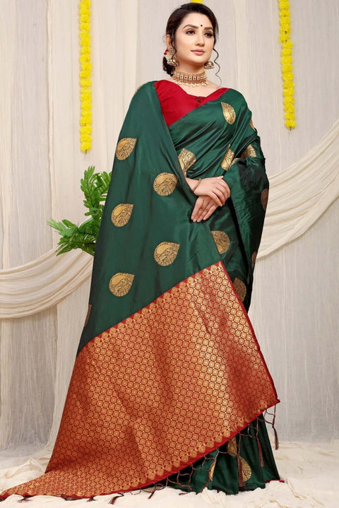 VastraLakshmi Unique Dark Green Banarasi Silk Saree With Engrossing Blouse Piece