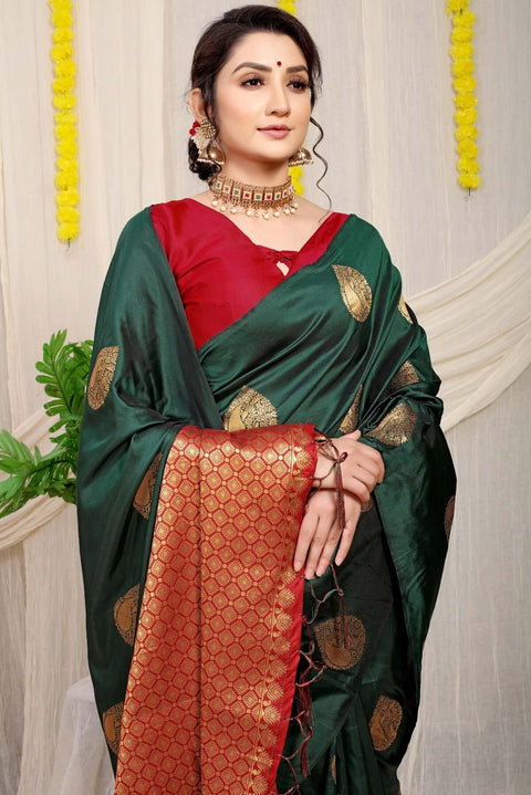 VastraLakshmi Unique Dark Green Banarasi Silk Saree With Engrossing Blouse Piece