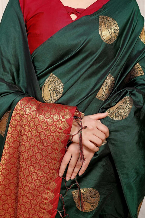 VastraLakshmi Unique Dark Green Banarasi Silk Saree With Engrossing Blouse Piece