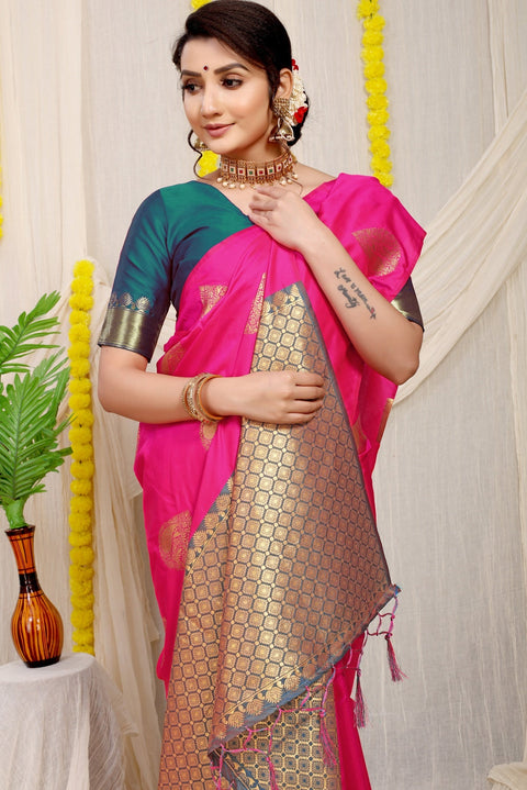 VastraLakshmi Dazzling Dark Pink Banarasi Silk Saree With Engrossing Blouse Piece