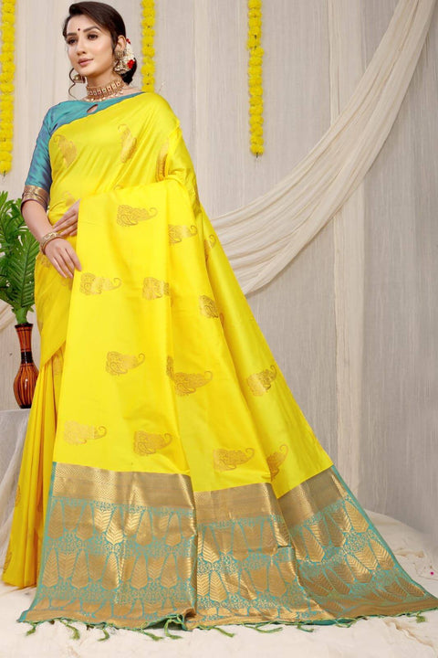 VastraLakshmi Phenomenal Lemon Banarasi Silk Saree With Engrossing Blouse Piece