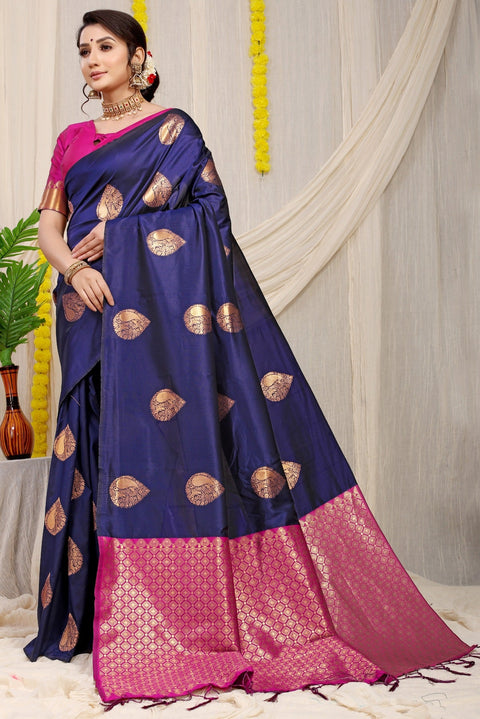 VastraLakshmi Outstanding Navy Blue Banarasi Silk Saree With Engrossing Blouse Piece