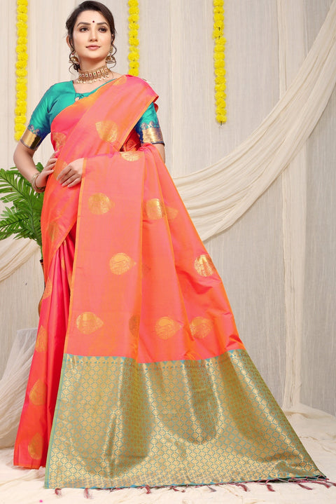 VastraLakshmi Invaluable Peach Banarasi Silk Saree With Engrossing Blouse Piece