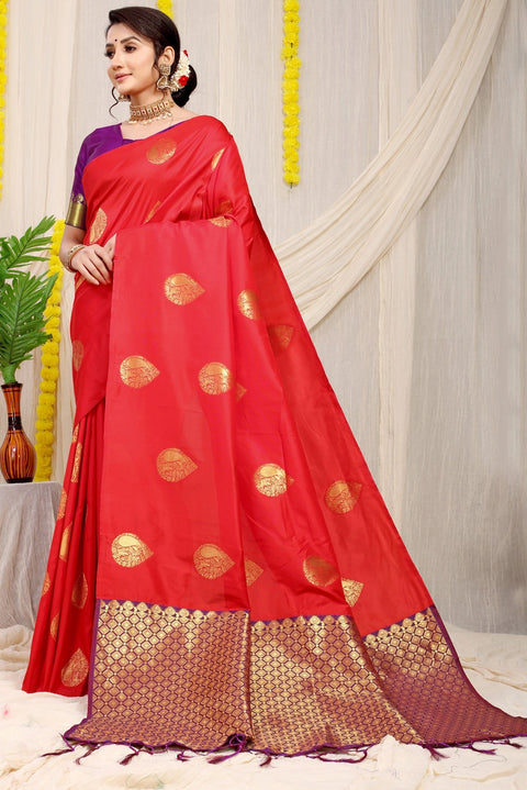 VastraLakshmi Deserving Red Banarasi Silk Saree With Engrossing Blouse Piece