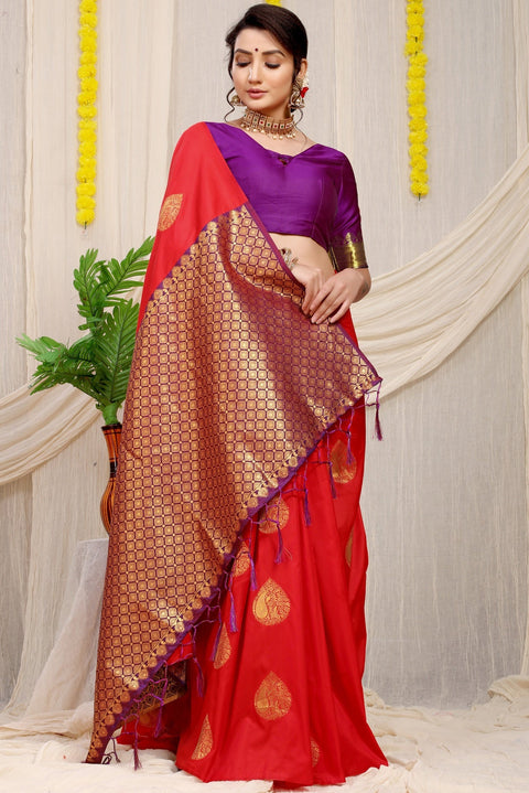 VastraLakshmi Deserving Red Banarasi Silk Saree With Engrossing Blouse Piece