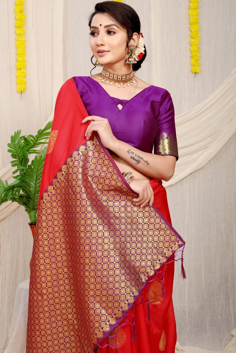 VastraLakshmi Deserving Red Banarasi Silk Saree With Engrossing Blouse Piece