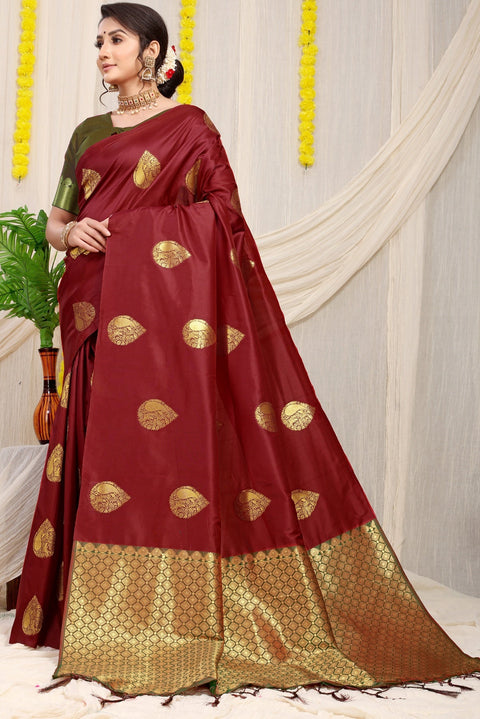 VastraLakshmi Glowing Wine Banarasi Silk Saree With Engrossing Blouse Piece