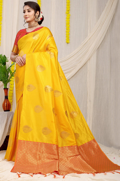 VastraLakshmi Eye-catching Yellow Banarasi Silk Saree With Engrossing Blouse Piece