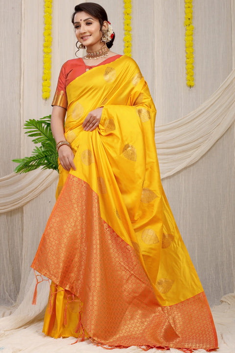 VastraLakshmi Eye-catching Yellow Banarasi Silk Saree With Engrossing Blouse Piece