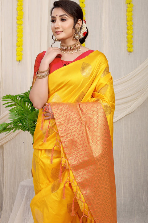 VastraLakshmi Eye-catching Yellow Banarasi Silk Saree With Engrossing Blouse Piece