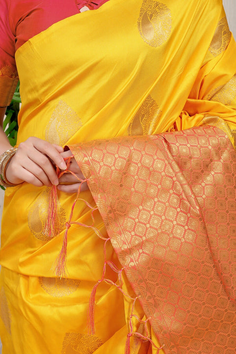 VastraLakshmi Eye-catching Yellow Banarasi Silk Saree With Engrossing Blouse Piece