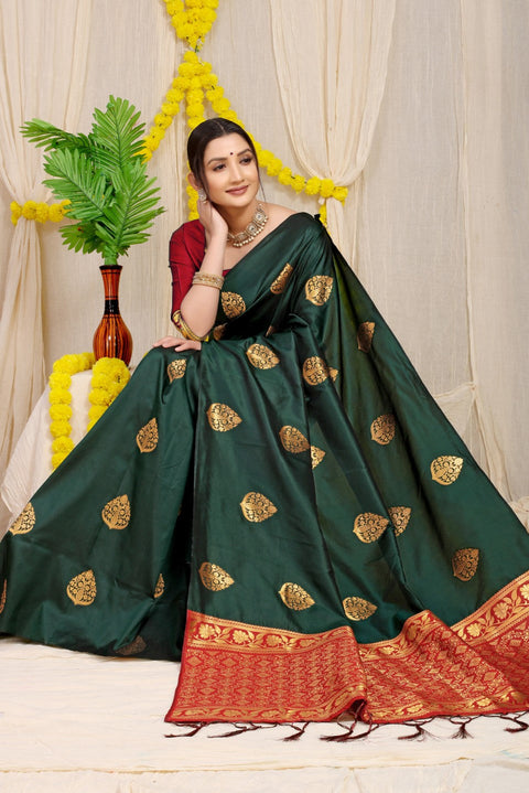 VastraLakshmi Designer Dark Green Banarasi Silk Saree With Smart Blouse Piece