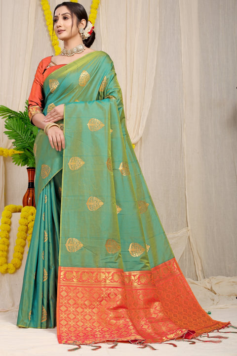 VastraLakshmi Adorable Green Banarasi Silk Saree With Captivating  Blouse Piece