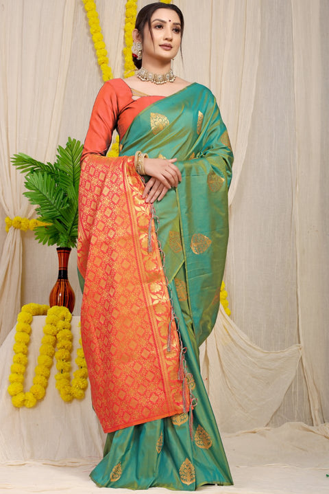 VastraLakshmi Adorable Green Banarasi Silk Saree With Captivating  Blouse Piece