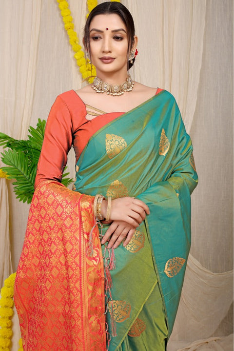 VastraLakshmi Adorable Green Banarasi Silk Saree With Captivating  Blouse Piece