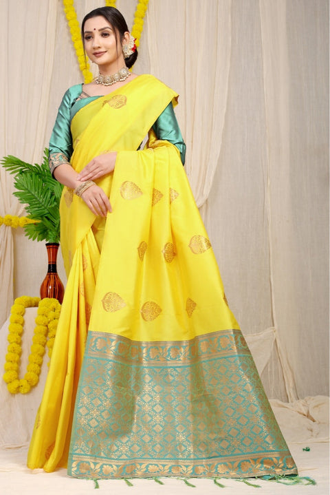 VastraLakshmi Ravishing Lemon Banarasi Silk Saree With Opulent Blouse Piece