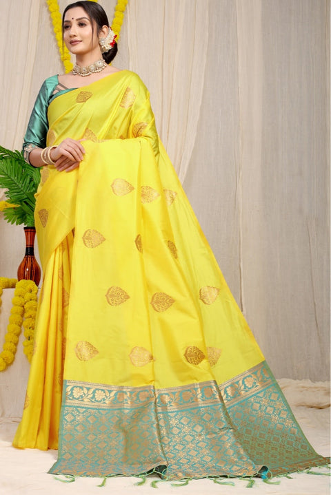 VastraLakshmi Ravishing Lemon Banarasi Silk Saree With Opulent Blouse Piece