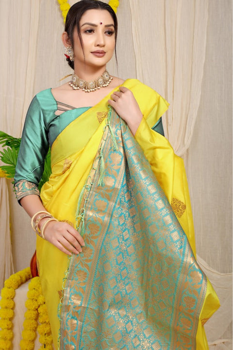 VastraLakshmi Ravishing Lemon Banarasi Silk Saree With Opulent Blouse Piece