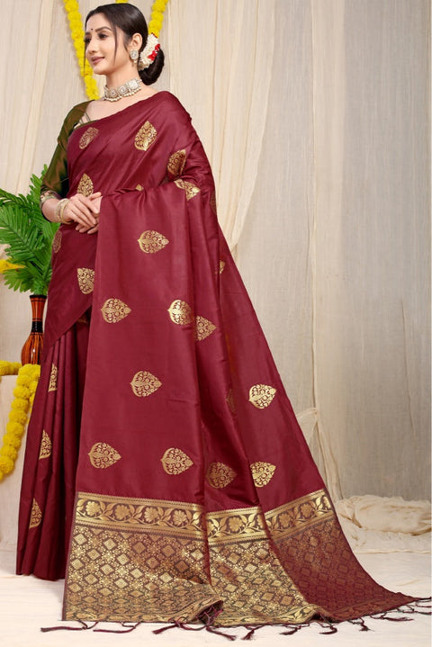 VastraLakshmi Exceptional Maroon Banarasi Silk Saree With Prominent Blouse Piece