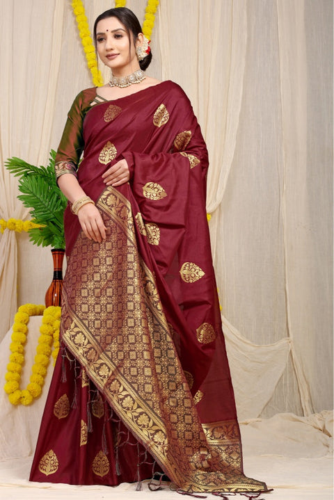 VastraLakshmi Exceptional Maroon Banarasi Silk Saree With Prominent Blouse Piece