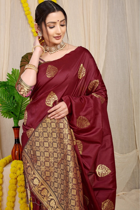 VastraLakshmi Exceptional Maroon Banarasi Silk Saree With Prominent Blouse Piece