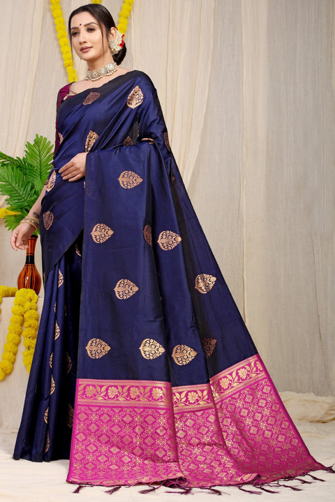 VastraLakshmi Mesmeric Navy Blue Banarasi Silk Saree With Pleasant Blouse Piece