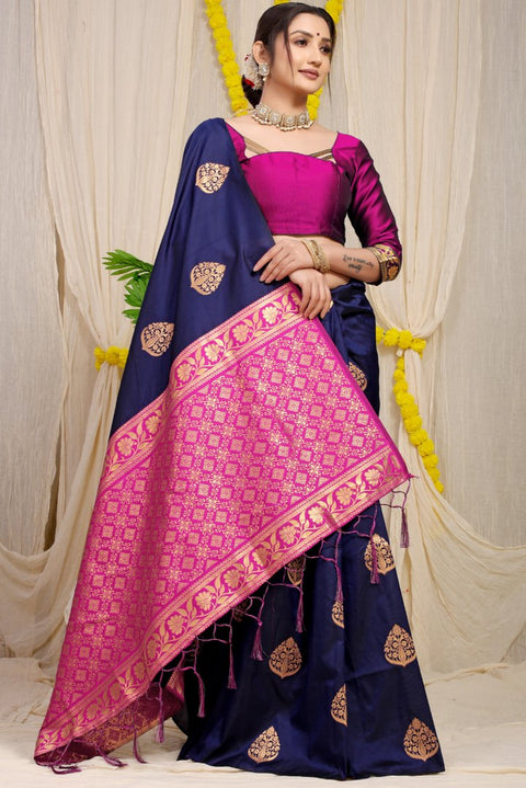 VastraLakshmi Mesmeric Navy Blue Banarasi Silk Saree With Pleasant Blouse Piece