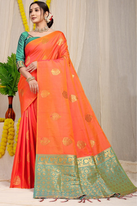 VastraLakshmi Appealing Peach Banarasi Silk Saree With Blooming Blouse Piece