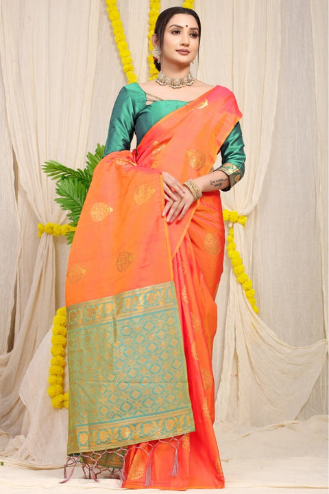 VastraLakshmi Appealing Peach Banarasi Silk Saree With Blooming Blouse Piece