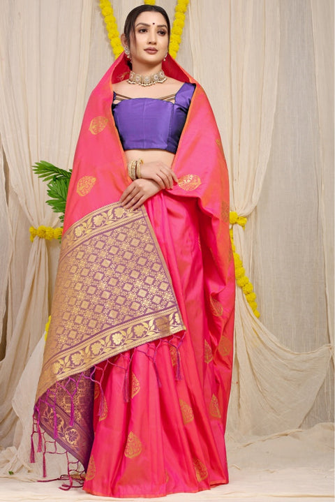 VastraLakshmi Glorious Pink Banarasi Silk Saree With Inspiring Blouse Piece