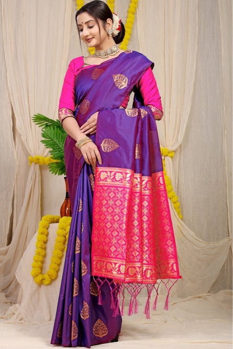 VastraLakshmi Stunner Purple Banarasi Silk Saree With Fairytale Blouse Piece