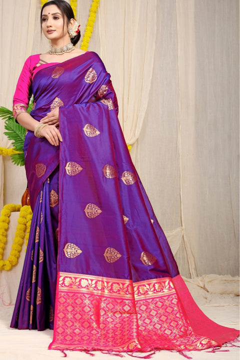 VastraLakshmi Stunner Purple Banarasi Silk Saree With Fairytale Blouse Piece