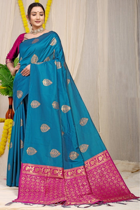 VastraLakshmi Stunner Rama Banarasi Silk Saree With A glam Blouse Piece