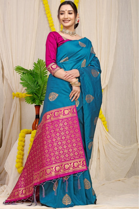 VastraLakshmi Stunner Rama Banarasi Silk Saree With A glam Blouse Piece