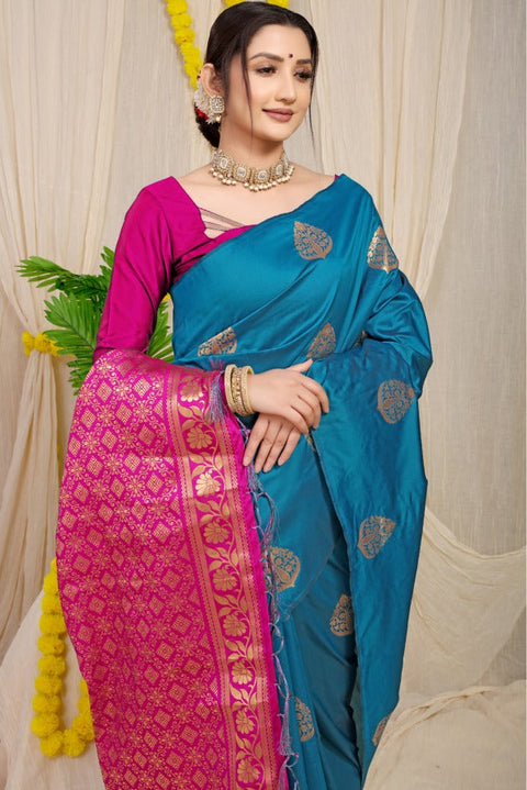 VastraLakshmi Stunner Rama Banarasi Silk Saree With A glam Blouse Piece