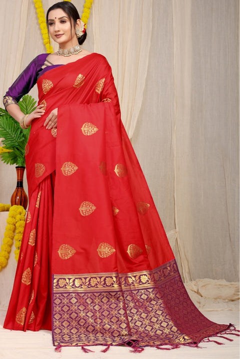 VastraLakshmi A dreamy Red Banarasi Silk Saree With Adoring Blouse Piece