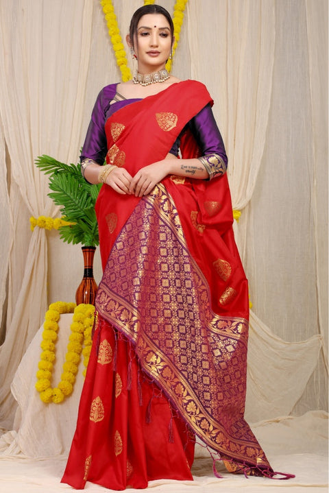 VastraLakshmi A dreamy Red Banarasi Silk Saree With Adoring Blouse Piece