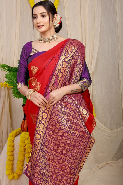 VastraLakshmi A dreamy Red Banarasi Silk Saree With Adoring Blouse Piece