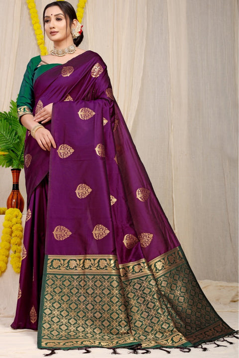 VastraLakshmi Angelic Wine Banarasi Silk Saree With Comely Blouse Piece