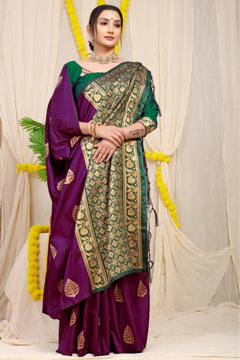 VastraLakshmi Angelic Wine Banarasi Silk Saree With Comely Blouse Piece