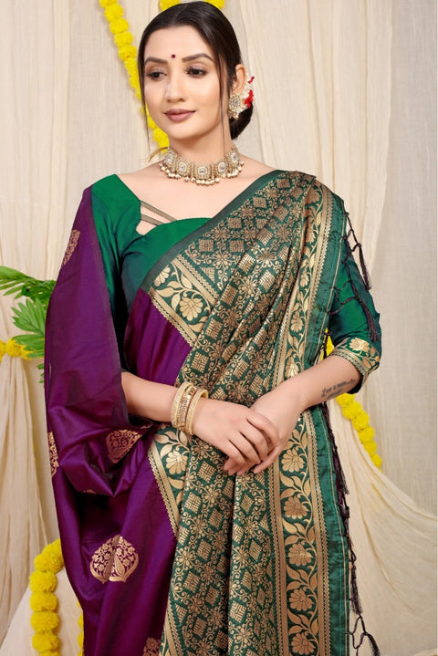 VastraLakshmi Angelic Wine Banarasi Silk Saree With Comely Blouse Piece