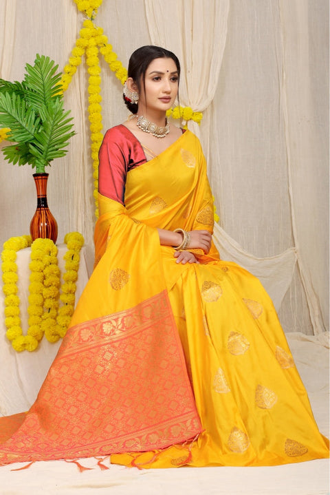 VastraLakshmi Conflate Yellow Banarasi Silk Saree With Ailurophile Blouse Piece