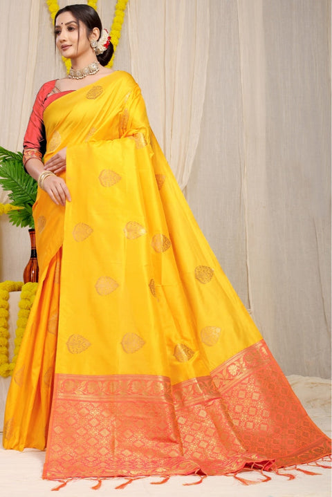 VastraLakshmi Conflate Yellow Banarasi Silk Saree With Ailurophile Blouse Piece