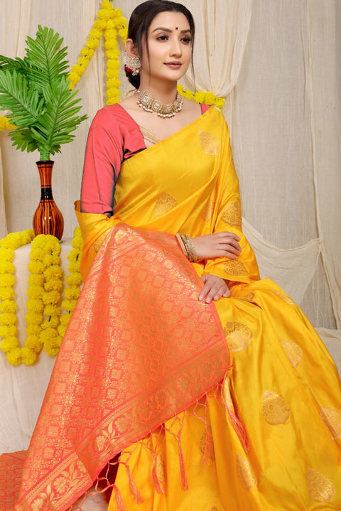 VastraLakshmi Conflate Yellow Banarasi Silk Saree With Ailurophile Blouse Piece