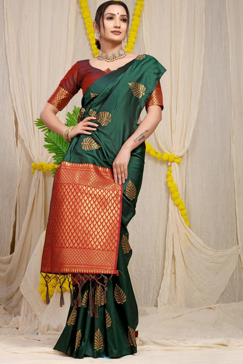 VastraLakshmi Gorgeous Dark Green Soft Banarasi Silk Saree With Lissome Blouse Piece