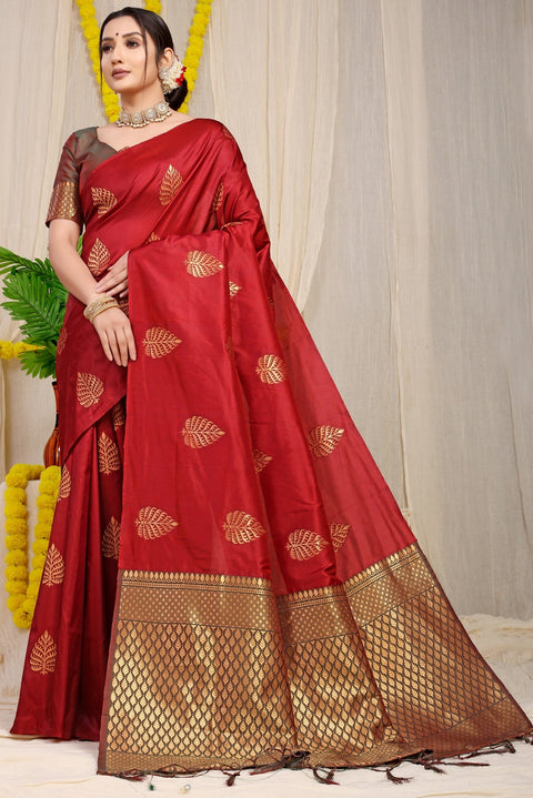 VastraLakshmi Glowing Maroon Soft Banarasi Silk Saree With Lissome Blouse Piece