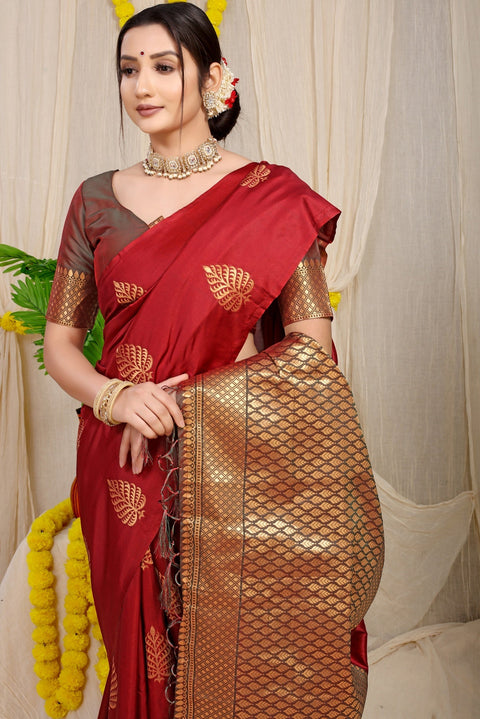 VastraLakshmi Glowing Maroon Soft Banarasi Silk Saree With Lissome Blouse Piece