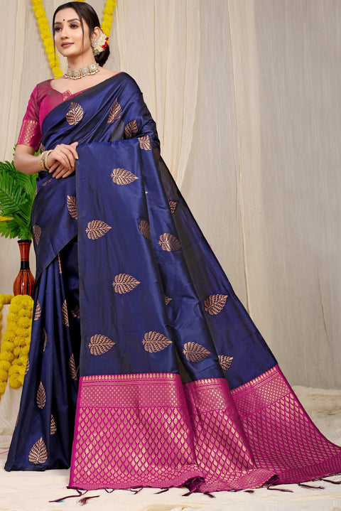 VastraLakshmi Girlish Navy Blue Soft Banarasi Silk Saree With Lissome Blouse Piece